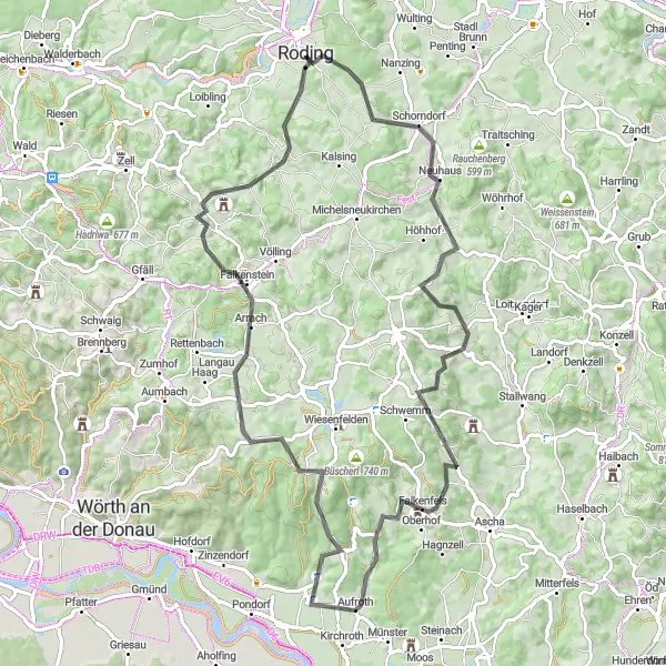 Karten-Miniaturansicht der Radinspiration "Roding und Pilgramsberg Rundfahrt" in Oberpfalz, Germany. Erstellt vom Tarmacs.app-Routenplaner für Radtouren