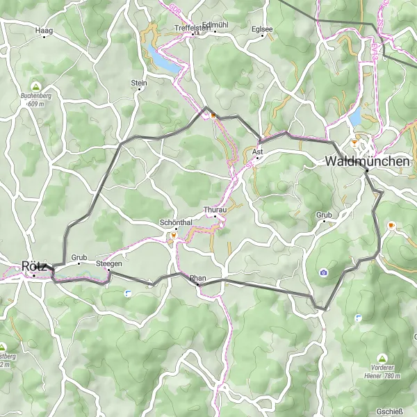 Karten-Miniaturansicht der Radinspiration "Rötz und Umgebung: Entdecke die Schönheit der Oberpfalz auf dem Rennrad" in Oberpfalz, Germany. Erstellt vom Tarmacs.app-Routenplaner für Radtouren