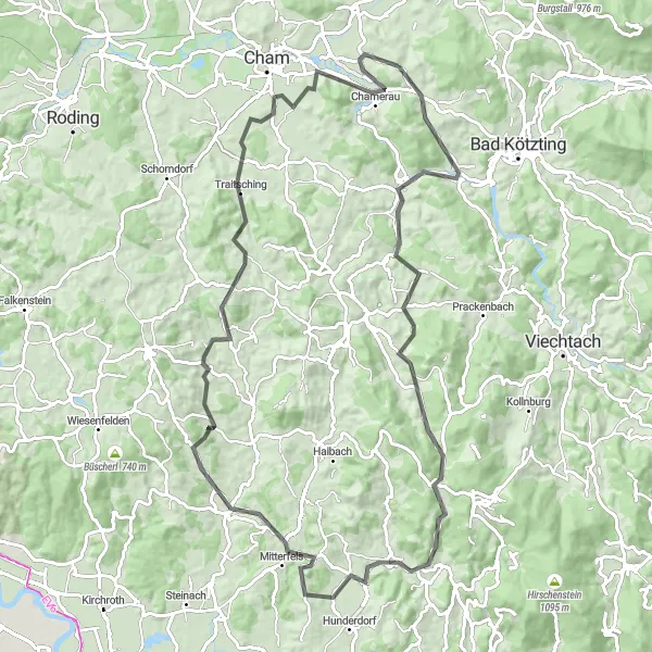 Karten-Miniaturansicht der Radinspiration "Runding-Runde durch den Bayerischen Wald" in Oberpfalz, Germany. Erstellt vom Tarmacs.app-Routenplaner für Radtouren