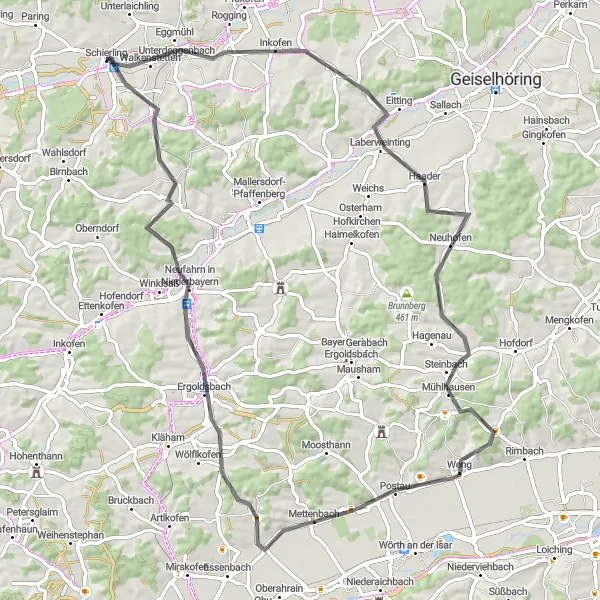 Map miniature of "Ergoldsbach Epic Ride" cycling inspiration in Oberpfalz, Germany. Generated by Tarmacs.app cycling route planner