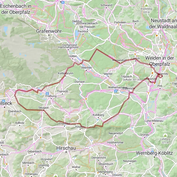 Karten-Miniaturansicht der Radinspiration "Gravel Tour um Schirmitz" in Oberpfalz, Germany. Erstellt vom Tarmacs.app-Routenplaner für Radtouren