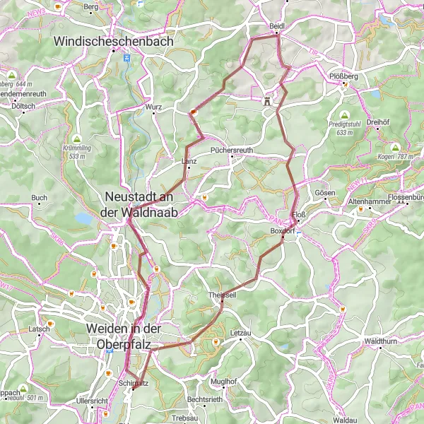 Karten-Miniaturansicht der Radinspiration "Gravel-Tour durch die Natur rund um Schirmitz" in Oberpfalz, Germany. Erstellt vom Tarmacs.app-Routenplaner für Radtouren