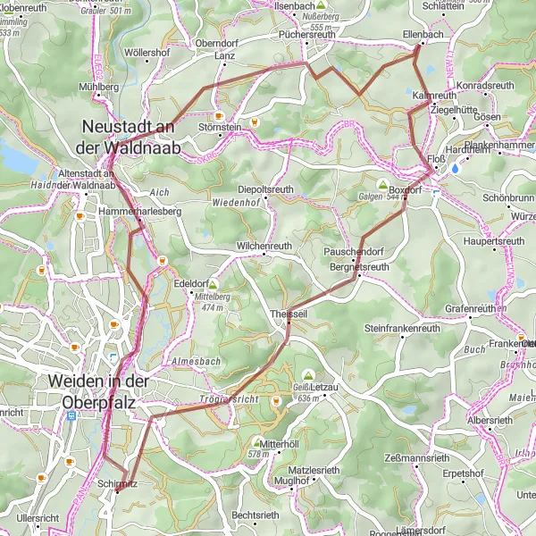 Karten-Miniaturansicht der Radinspiration "Schirmitzer Schottertour" in Oberpfalz, Germany. Erstellt vom Tarmacs.app-Routenplaner für Radtouren