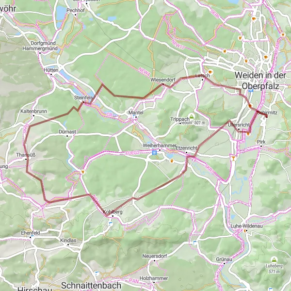 Map miniature of "Etzenricht Gravel Adventure" cycling inspiration in Oberpfalz, Germany. Generated by Tarmacs.app cycling route planner