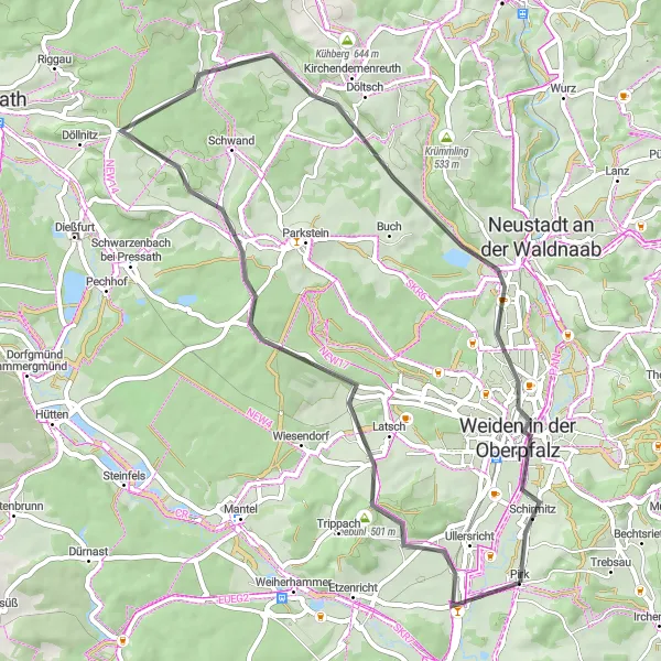 Map miniature of "Schirmitz Hills Loop" cycling inspiration in Oberpfalz, Germany. Generated by Tarmacs.app cycling route planner