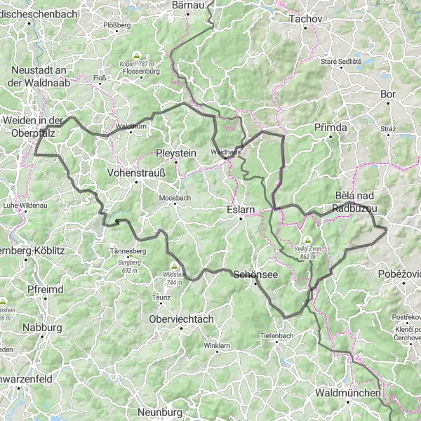 Map miniature of "Thrilling Hills of Oberpfalz" cycling inspiration in Oberpfalz, Germany. Generated by Tarmacs.app cycling route planner