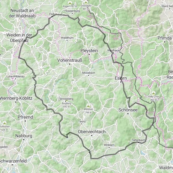 Karten-Miniaturansicht der Radinspiration "Hügelige Straßen der Oberpfalz" in Oberpfalz, Germany. Erstellt vom Tarmacs.app-Routenplaner für Radtouren