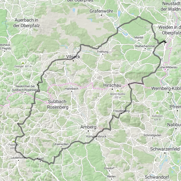 Map miniature of "The High Hills Loop" cycling inspiration in Oberpfalz, Germany. Generated by Tarmacs.app cycling route planner