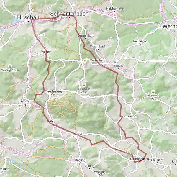 Map miniature of "The Gravel Adventure" cycling inspiration in Oberpfalz, Germany. Generated by Tarmacs.app cycling route planner