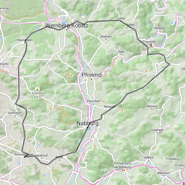 Map miniature of "The Scenic Road Journey" cycling inspiration in Oberpfalz, Germany. Generated by Tarmacs.app cycling route planner