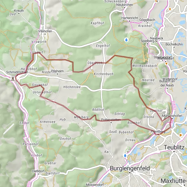 Map miniature of "Gravel Route: Pilsheim Adventure" cycling inspiration in Oberpfalz, Germany. Generated by Tarmacs.app cycling route planner