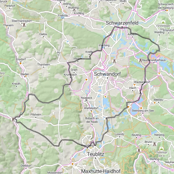 Map miniature of "Road Route: Kulm Exploration" cycling inspiration in Oberpfalz, Germany. Generated by Tarmacs.app cycling route planner