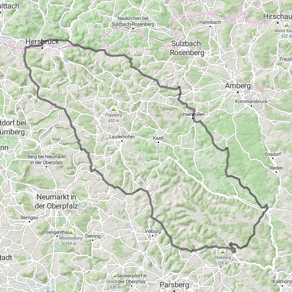 Map miniature of "Road Route: Schmidmühlen Challenge" cycling inspiration in Oberpfalz, Germany. Generated by Tarmacs.app cycling route planner