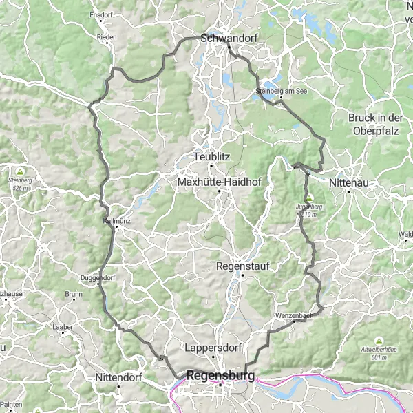 Map miniature of "Challenging Terrain and Scenic Views" cycling inspiration in Oberpfalz, Germany. Generated by Tarmacs.app cycling route planner