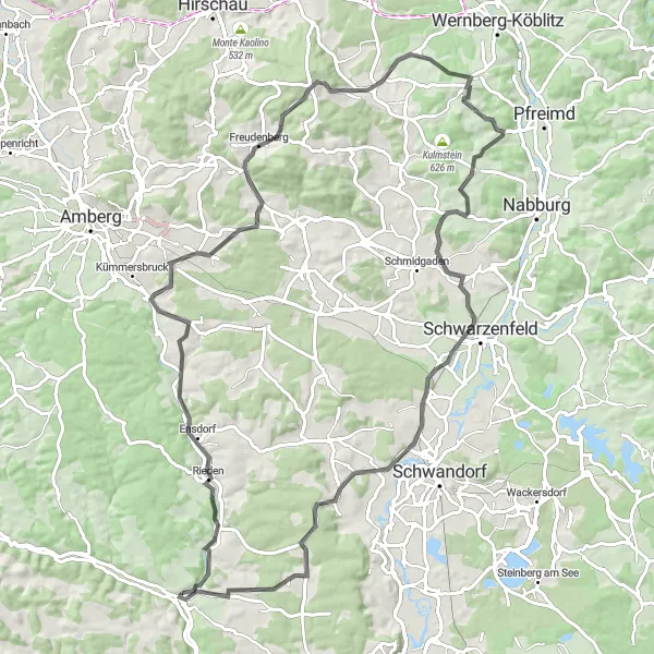 Map miniature of "Road Route: Delights of Leidersdorf" cycling inspiration in Oberpfalz, Germany. Generated by Tarmacs.app cycling route planner