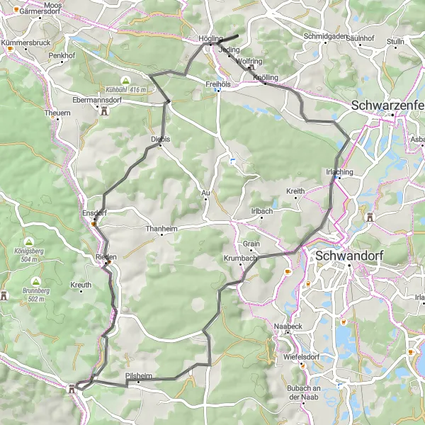 Karten-Miniaturansicht der Radinspiration "Hügeliges Straßenabenteuer" in Oberpfalz, Germany. Erstellt vom Tarmacs.app-Routenplaner für Radtouren