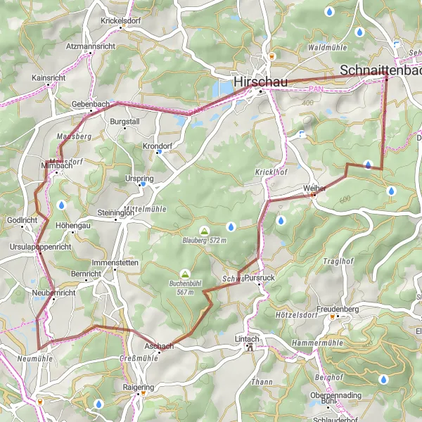 Map miniature of "Discover the Schaittenbach Gravel Adventure" cycling inspiration in Oberpfalz, Germany. Generated by Tarmacs.app cycling route planner