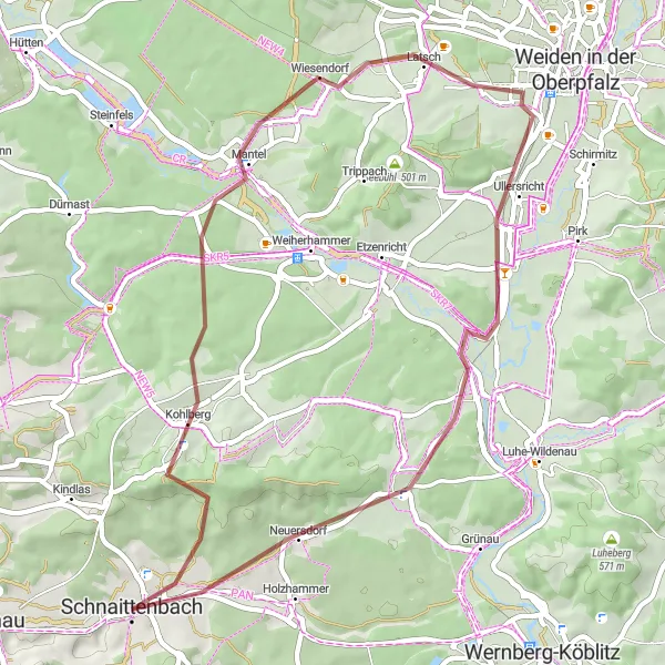 Karten-Miniaturansicht der Radinspiration "Kohlbühl und Oberwildenau Schleifenfahrt" in Oberpfalz, Germany. Erstellt vom Tarmacs.app-Routenplaner für Radtouren
