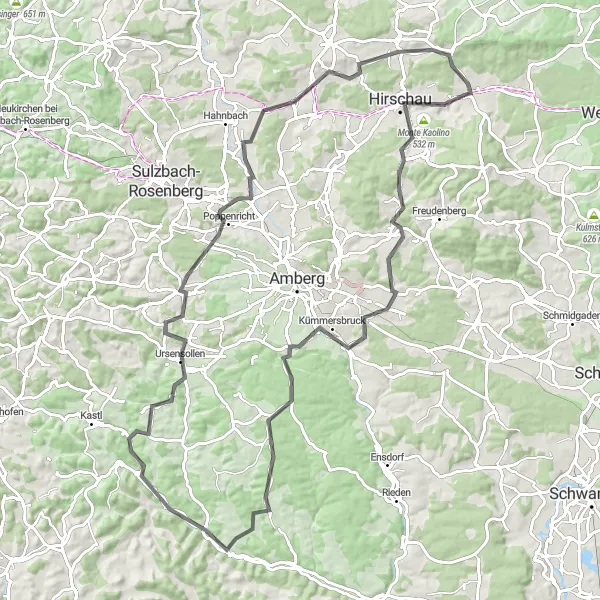 Map miniature of "Road Tour to Monte Kaolino and Hohenburg" cycling inspiration in Oberpfalz, Germany. Generated by Tarmacs.app cycling route planner