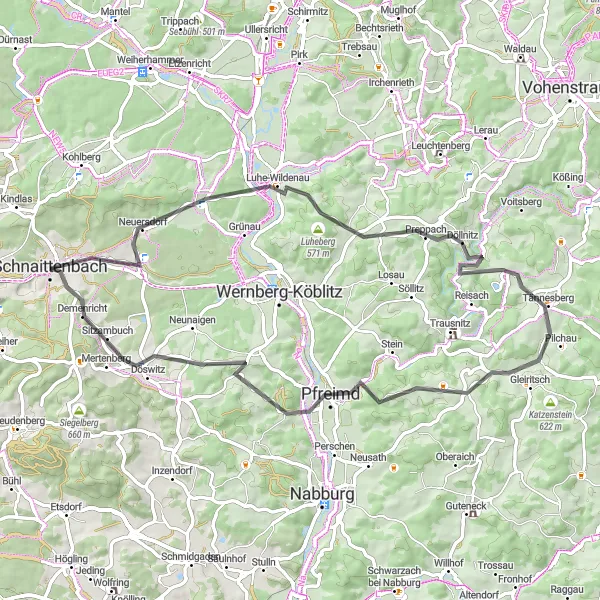 Karten-Miniaturansicht der Radinspiration "Idyllische Tour durch Neuersdorf und Tännesberg" in Oberpfalz, Germany. Erstellt vom Tarmacs.app-Routenplaner für Radtouren