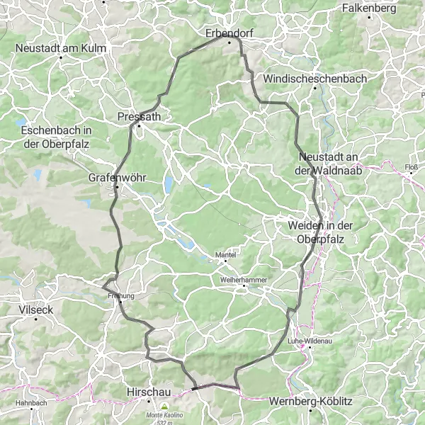 Map miniature of "Challenging Road Tour to Erbendorf and Weiden" cycling inspiration in Oberpfalz, Germany. Generated by Tarmacs.app cycling route planner