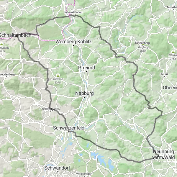 Map miniature of "The Historic Hills" cycling inspiration in Oberpfalz, Germany. Generated by Tarmacs.app cycling route planner