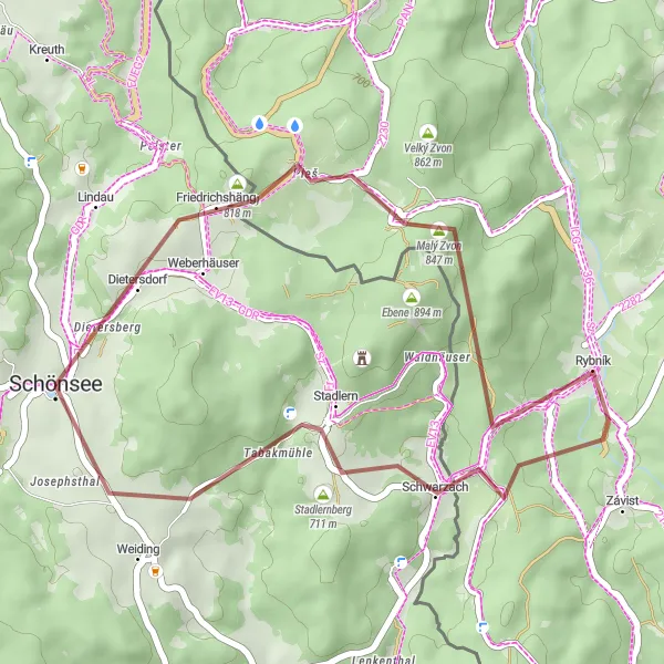 Map miniature of "Gravel Delight to Malý Zvon" cycling inspiration in Oberpfalz, Germany. Generated by Tarmacs.app cycling route planner