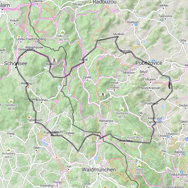 Map miniature of "Schönsee Hills" cycling inspiration in Oberpfalz, Germany. Generated by Tarmacs.app cycling route planner