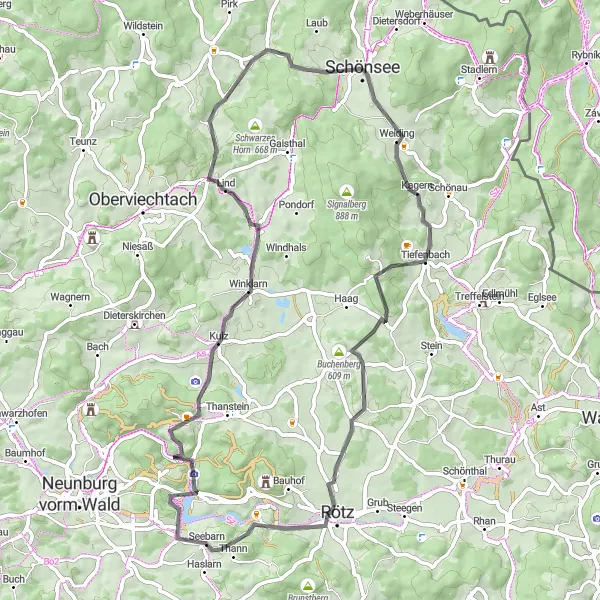Map miniature of "Road Challenge to Hannesried" cycling inspiration in Oberpfalz, Germany. Generated by Tarmacs.app cycling route planner