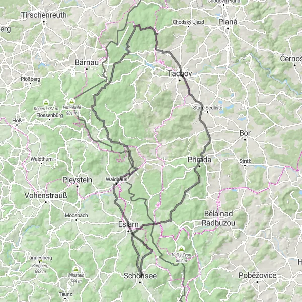 Karten-Miniaturansicht der Radinspiration "Die Tachov-Runde" in Oberpfalz, Germany. Erstellt vom Tarmacs.app-Routenplaner für Radtouren