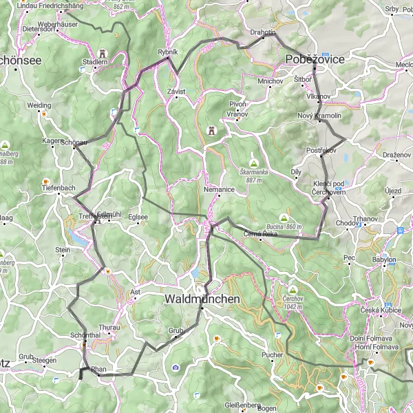 Map miniature of "Treffelstein Loop via Rybník and Waldmünchen" cycling inspiration in Oberpfalz, Germany. Generated by Tarmacs.app cycling route planner