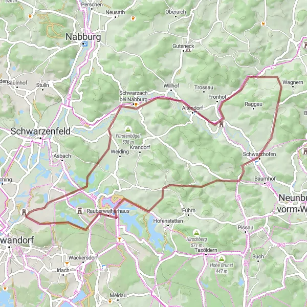 Map miniature of "The Gravel Escape" cycling inspiration in Oberpfalz, Germany. Generated by Tarmacs.app cycling route planner