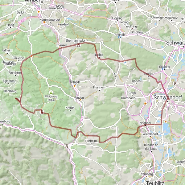 Map miniature of "Theuern Gravel Adventure" cycling inspiration in Oberpfalz, Germany. Generated by Tarmacs.app cycling route planner