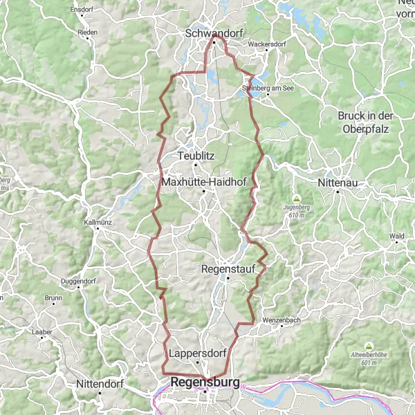Map miniature of "The Epic Gravel Adventure" cycling inspiration in Oberpfalz, Germany. Generated by Tarmacs.app cycling route planner