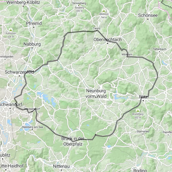 Map miniature of "Schwandorf-Wagnerofen Cycle Route" cycling inspiration in Oberpfalz, Germany. Generated by Tarmacs.app cycling route planner