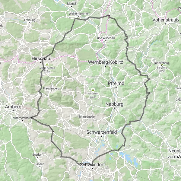 Map miniature of "Naab Valley Cycling Route" cycling inspiration in Oberpfalz, Germany. Generated by Tarmacs.app cycling route planner