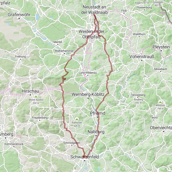 Karten-Miniaturansicht der Radinspiration "Granitpfade und Wälder um Weiden in der Oberpfalz" in Oberpfalz, Germany. Erstellt vom Tarmacs.app-Routenplaner für Radtouren