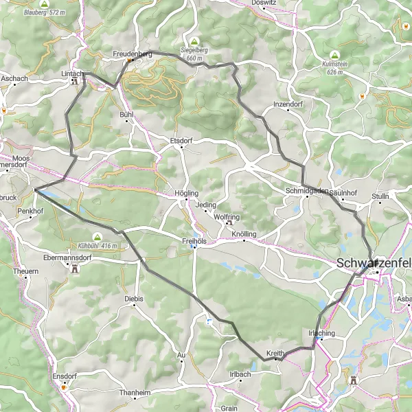 Map miniature of "Schwarzenfeld - Pittersberg - Hiltersdorf - Altberg - Kohlberg - Schmidgaden - Schwarzenfeld" cycling inspiration in Oberpfalz, Germany. Generated by Tarmacs.app cycling route planner