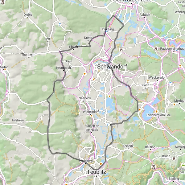 Map miniature of "Schwammerling and Muenchshofener Berg Road Tour" cycling inspiration in Oberpfalz, Germany. Generated by Tarmacs.app cycling route planner