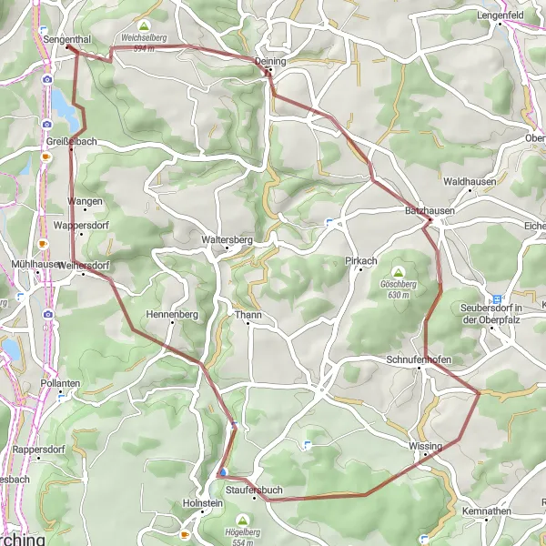 Map miniature of "Weichselberg and Batzhausen Gravel Route" cycling inspiration in Oberpfalz, Germany. Generated by Tarmacs.app cycling route planner
