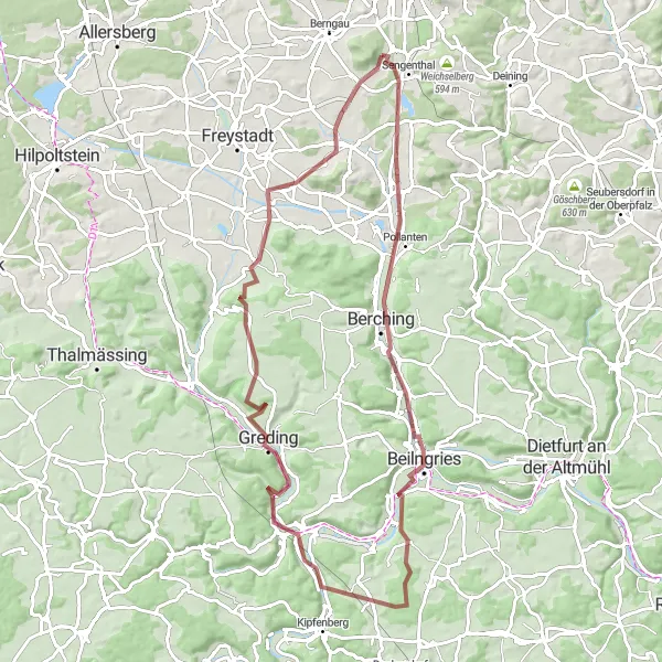 Karten-Miniaturansicht der Radinspiration "Rundtour um Sengenthal mit Ausblicken" in Oberpfalz, Germany. Erstellt vom Tarmacs.app-Routenplaner für Radtouren