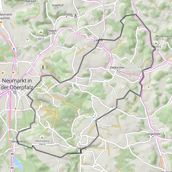 Map miniature of "Wolfstein Exploration" cycling inspiration in Oberpfalz, Germany. Generated by Tarmacs.app cycling route planner