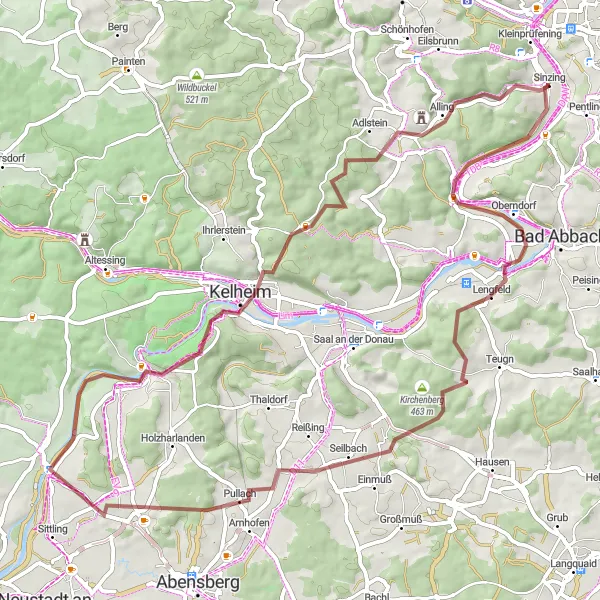 Map miniature of "Gravel Adventure - Sinzing Loop" cycling inspiration in Oberpfalz, Germany. Generated by Tarmacs.app cycling route planner