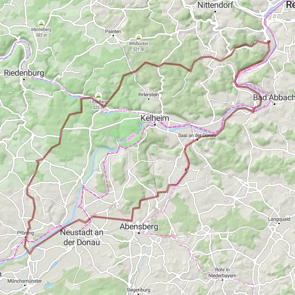 Map miniature of "Gravel Discovery - Sinzing Adventure" cycling inspiration in Oberpfalz, Germany. Generated by Tarmacs.app cycling route planner