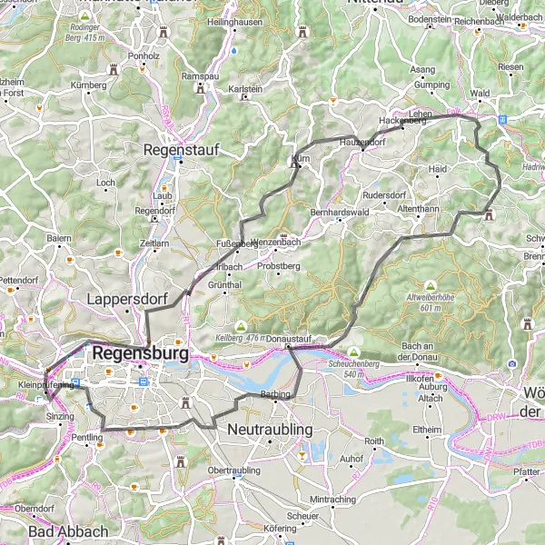 Map miniature of "Regensburg Road Loop" cycling inspiration in Oberpfalz, Germany. Generated by Tarmacs.app cycling route planner