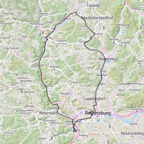 Map miniature of "Scenic Road Tour near Regensburg" cycling inspiration in Oberpfalz, Germany. Generated by Tarmacs.app cycling route planner