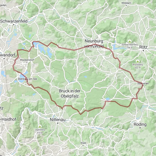 Map miniature of "The Gravel Adventure" cycling inspiration in Oberpfalz, Germany. Generated by Tarmacs.app cycling route planner