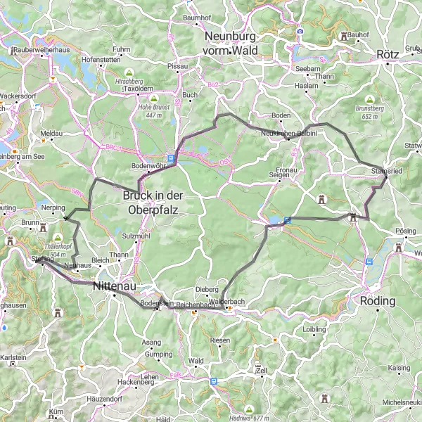 Map miniature of "The Strahlfeld Circuit" cycling inspiration in Oberpfalz, Germany. Generated by Tarmacs.app cycling route planner