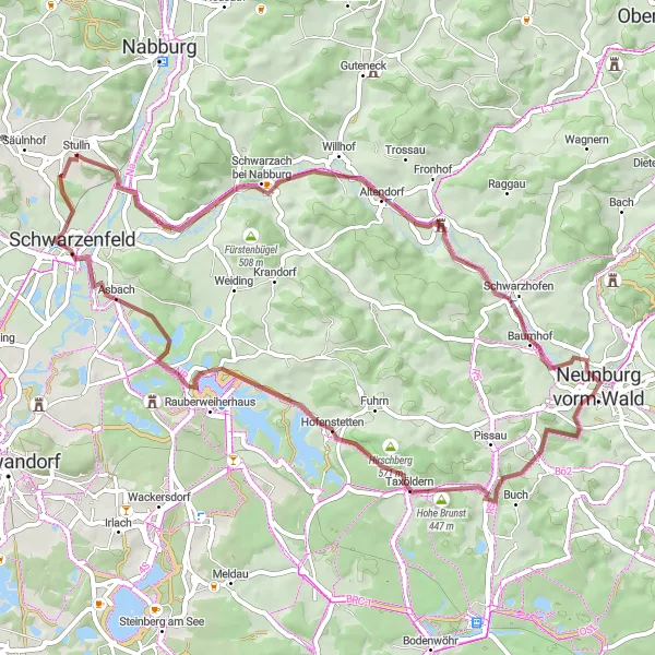 Map miniature of "Scenic Gravel Tour near Stulln" cycling inspiration in Oberpfalz, Germany. Generated by Tarmacs.app cycling route planner