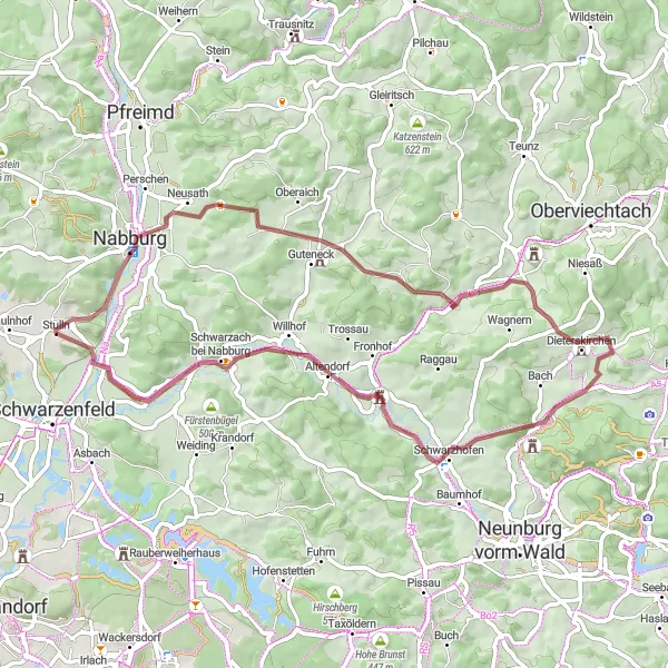 Map miniature of "Gravel Adventure in Oberpfalz" cycling inspiration in Oberpfalz, Germany. Generated by Tarmacs.app cycling route planner